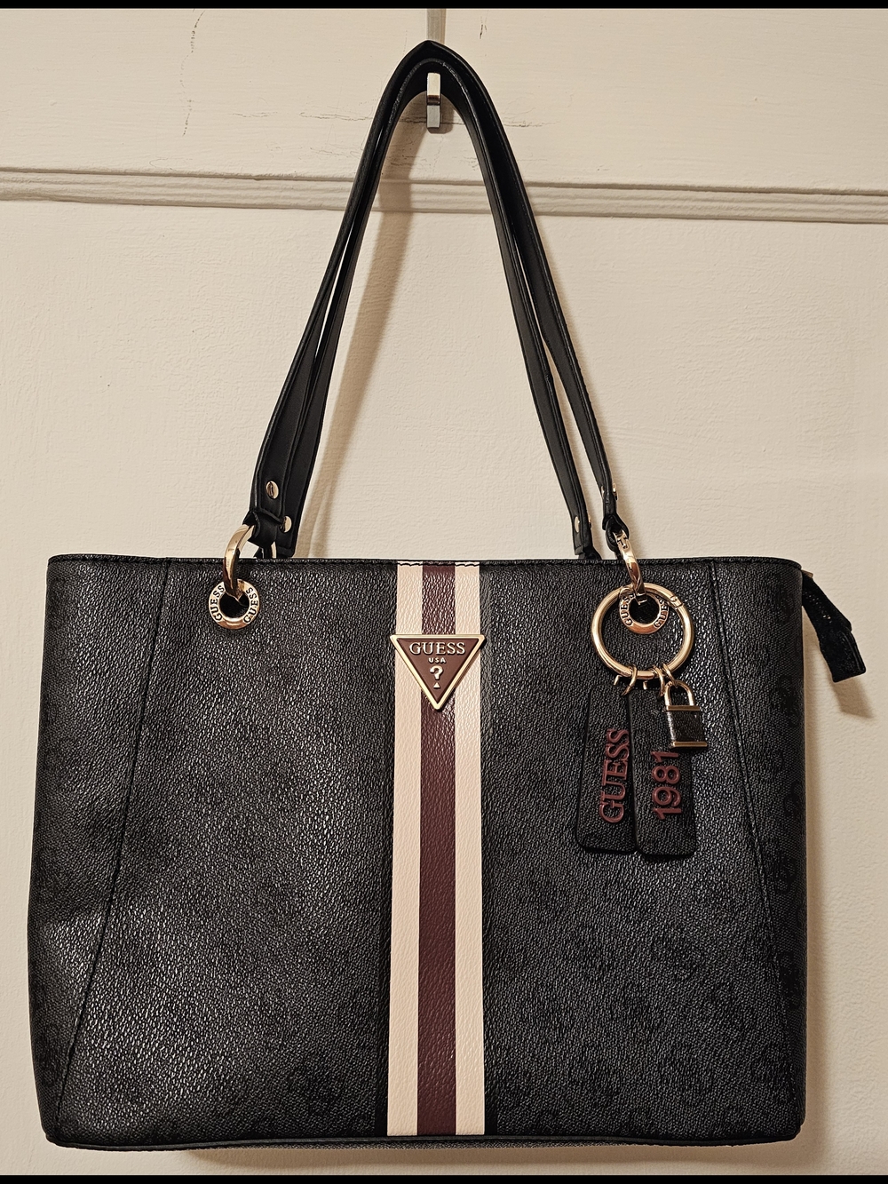 GUESS Noelle Black Tote with Burgundy & Cream Center Stripe